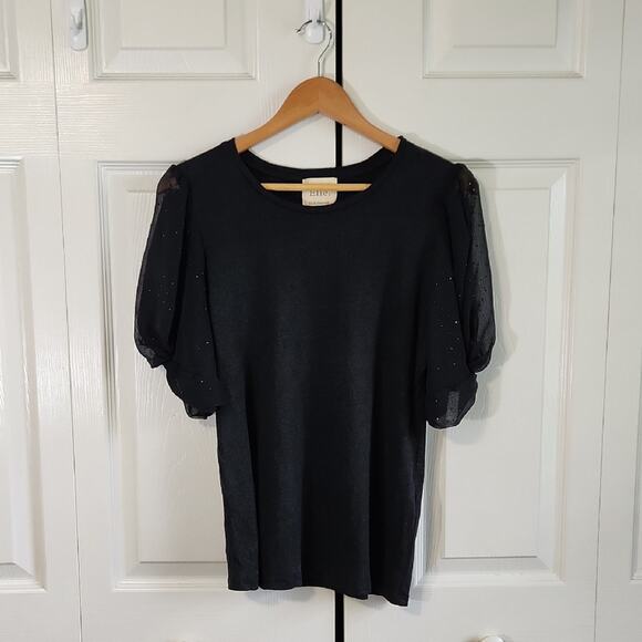 Elie Tahari Womens Black Knit Blouse Size SM Sheer Beaded Puff T-Shirt Linen - Picture 1 of 8